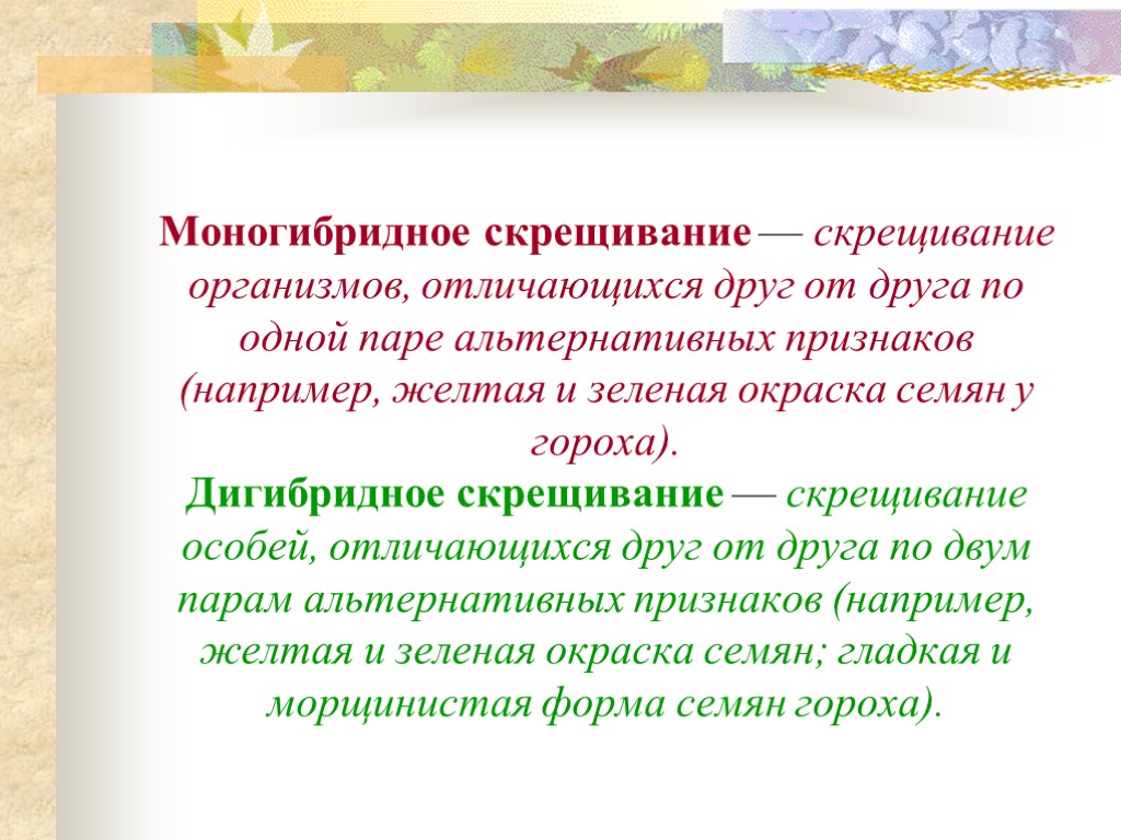 Моногибридное скрещивание — скрещивание организмов, отличающихся друг от друга по одной паре альтернативных признаков